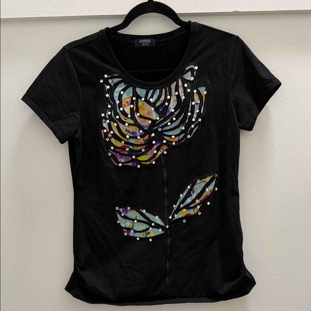 Anna Sui Black Short-Sleeve Tee with Multicolor Floral Appliqué